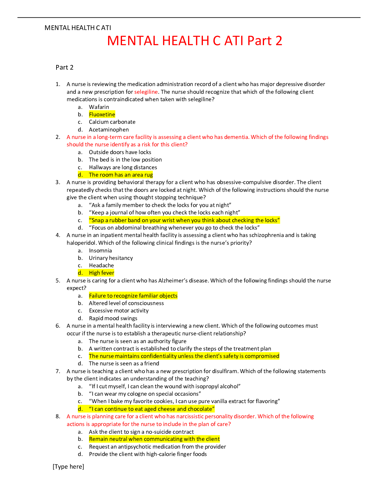 Preview image for MENTAL HEALTH C ATI Part 2 (Q and A)